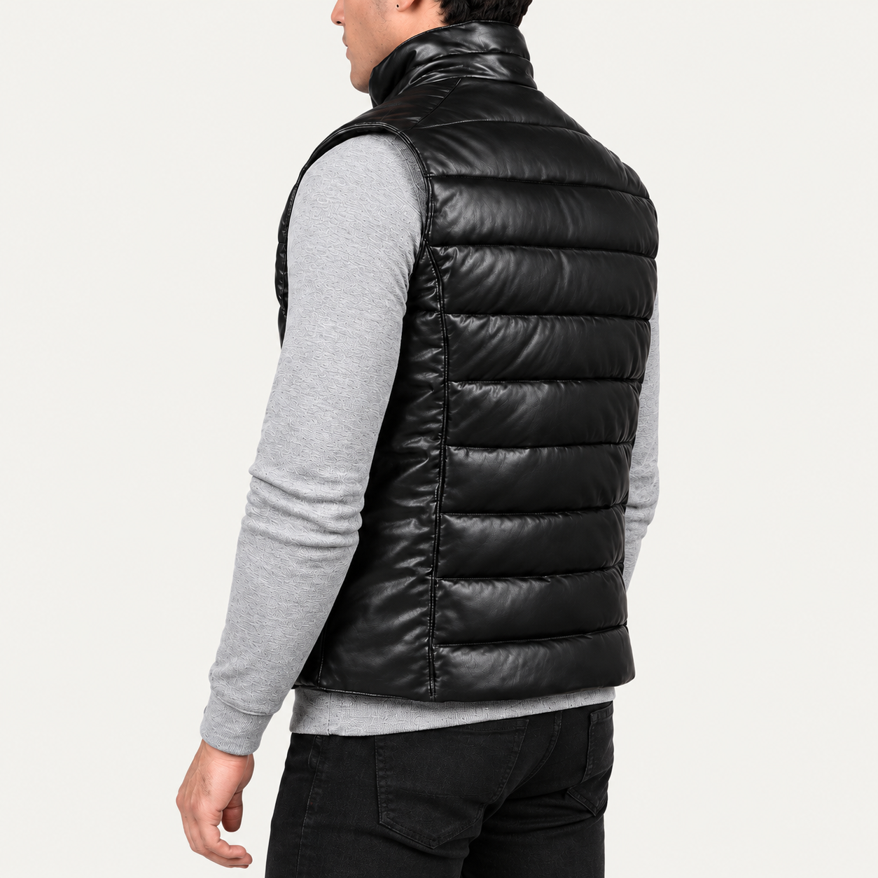 Men's Black Quilted Leather Puffer Vest – Sleeveless Zip-Up Gilet Gallery